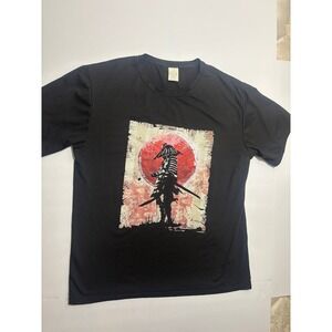 Samurai Graphic T-Shirt Mens Medium Black Polyester Short Sleeve Red Sun Japan